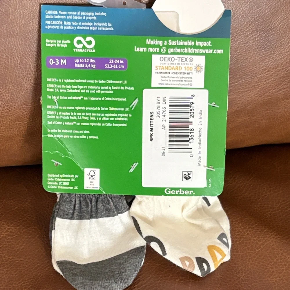 Gerber 0-3M Gray and Cream Baby Mittens 4-Pack